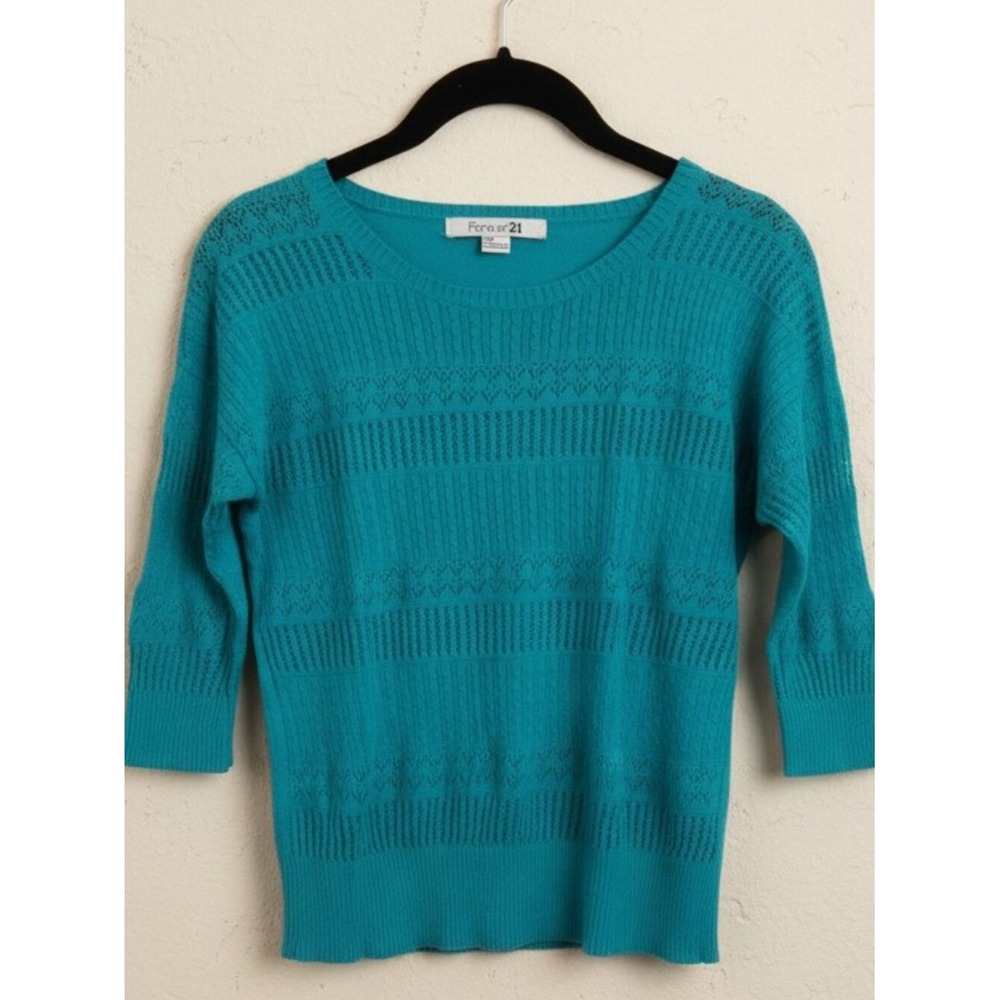 Forever 21 Teal Green Open Knit Sweater S 3/4 Sleeve Layering Top Y2K